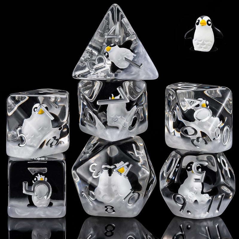 weyano Penguin Resin D&D Dice Set, 7-Piece Polyhedral Dice (D4, D6, D8, D10, D12, D20, D%) Dungeons and Dragons Dice Set - Image 1